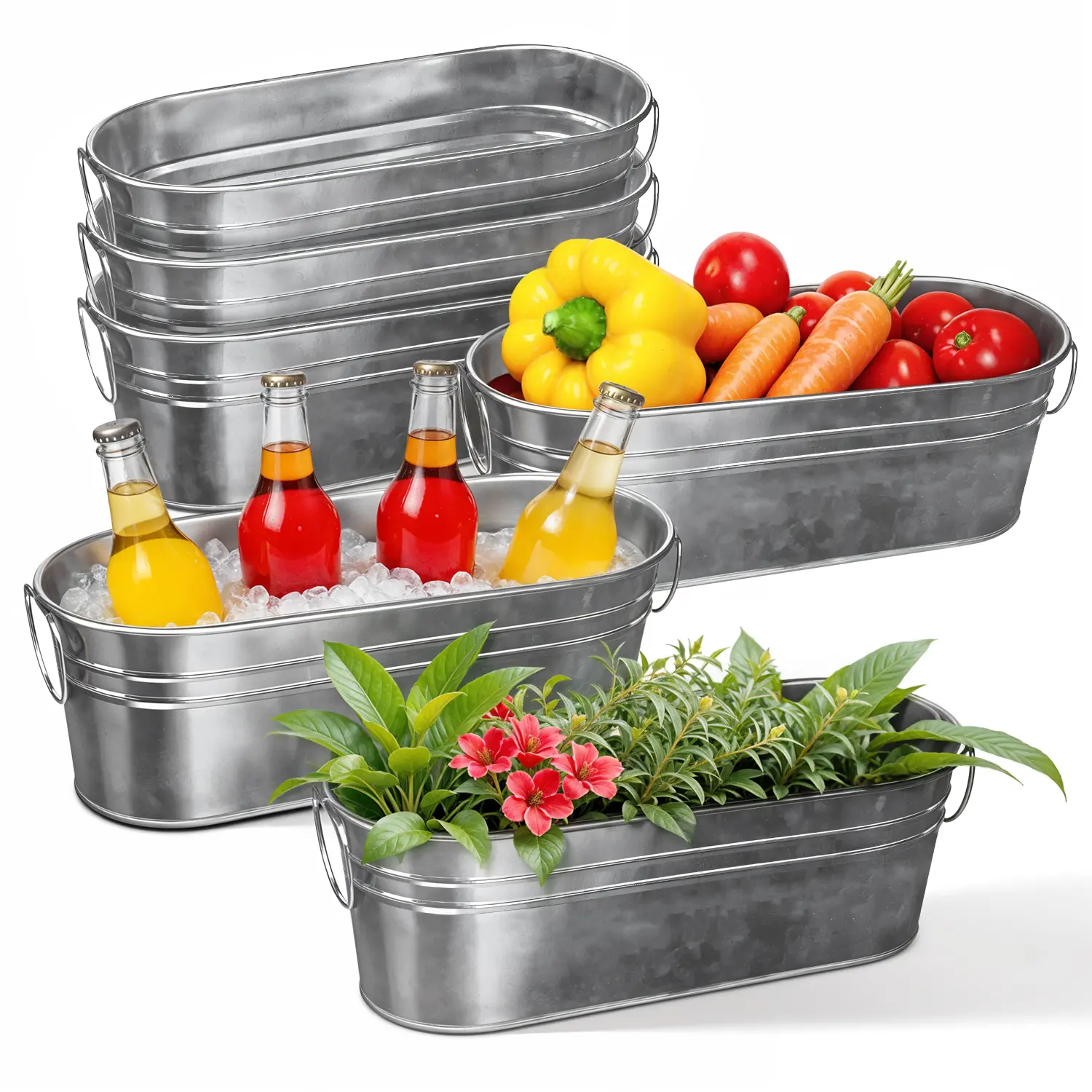 Plexon Small Galvanized Tub with Handles, 12 inch Oval Planter for Plants Decor Wedding, Multiuse Metal Tub Champagne Bucket 6 in a Pack