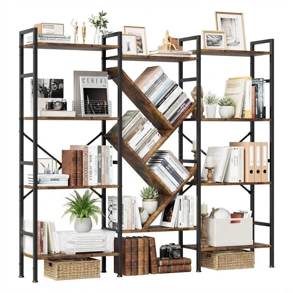 4-Tier Rustic Wooden Display Bookshelves, 12 Open Display Book Cabinet – Wide Bookcase for Bedroom, Living Room, Home & Office Shelving