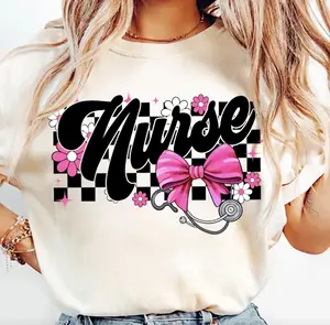 Nurse Checkered Coquette Bow Shirt, Floral Nurse Shirt, Nursing Flower T-Shirt, Nurse Floral Tee, Nurse Groovy T-Shirt, RN Outfit Nurse Gift For Women