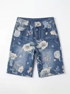 Women's Low Waist Blue Floral Pattern Denim Shorts, Mid-Length Bohemian Style Summer Shorts, Loose Fit Non-Elastic Cotton Jeans
