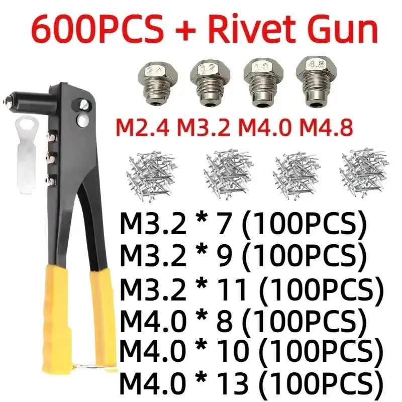 Industrial Portable Heavy-Duty Hand Riveter Gun Tool Kit Set - Streamline Grip, Easy-to-Use, High-Quality Pliers with 120pcs Aluminum Alloy Blind Rivets, M3.2*9 Metal Rivets (200pcs/400pcs/600pcs Options), 1pc Wrench for Automotive & DIY Hardware Tasks