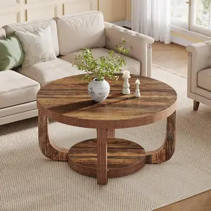 LITTLE TREE Round Coffee Table, 2-Tier Circle Coffee Table with Storage, Modern Wooden Accent Center Table for Living Room, Thick Tabletop & Base
