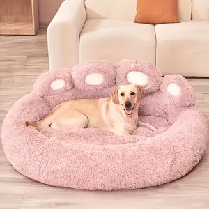 Plush Bear Paw Pet Bed | Non-Slip Bottom | Cozy Donut Design for Cats & Dogs | Soft Pink Calming Sleep Solution | Warm and Comfortable Round Cushion with Paw Prints | Ideal for Home Relaxation Deluxe Washable Plush Dog Bed dog kennel calming  pet