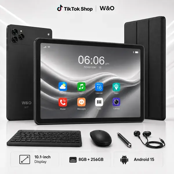 W&O Android 15 Black 11.1-Inch Large Display Tablet Bundle, 4+8GB RAM, 256GB Expandable Storage, 10000mAh Battery, 5G WiFi, Keyboard, Mouse, Case, Stylus, Dual Cameras for Gaming, School
