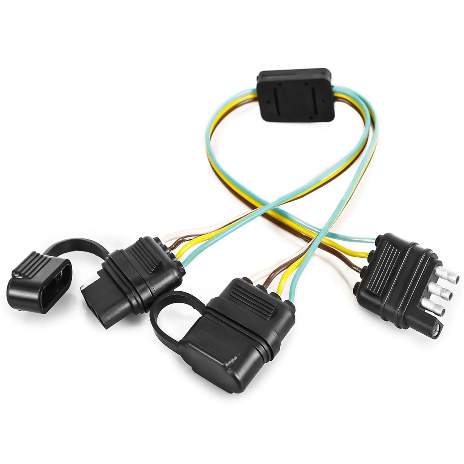 4 Way Flat Universal Y-Splitter Adapter - Exterior Copper Lighting Accessory, Plug-N-Play 18.1" Long Wiring Harness (18.1 Inches), Premium Insulating Silicone Housing, Dust Caps for LED Tailgate Light Bar & Trailer Lights, Installation