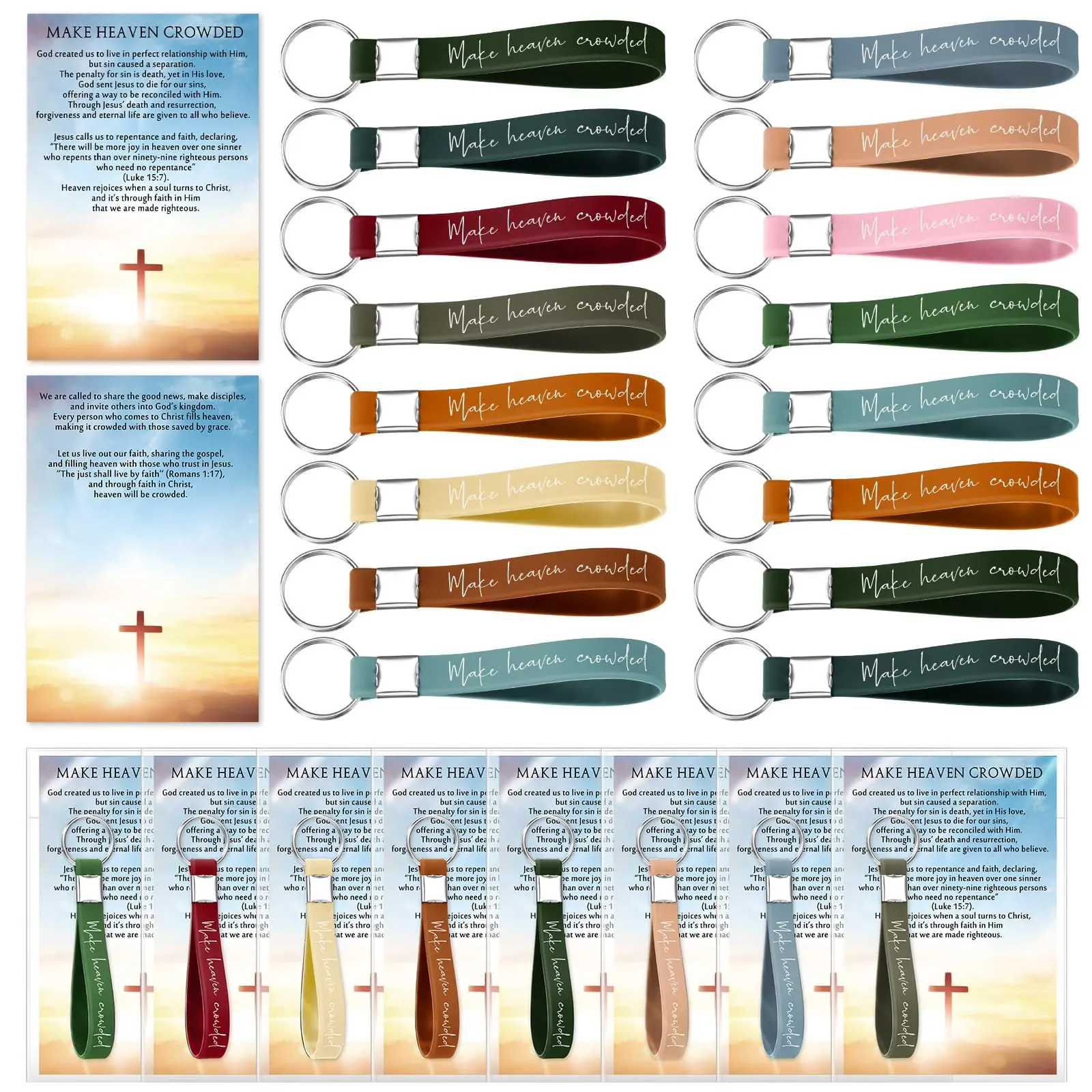 24Sets Make Heaven Crowded Keychain Wristlet Trendy Christian Bible Verse Keychains for Men Women Bags Backpacks Cars Keys Religious Party Favors Back to School Gift Sunday School Baptism Gift