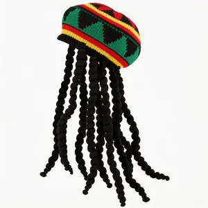 Jamaican Style Colorful Striped Knit Cap with Fake Braids, Rasta Beanie for Music Festivals Beach Parties, Halloween Jamaica Reggae Dreadlock Hat