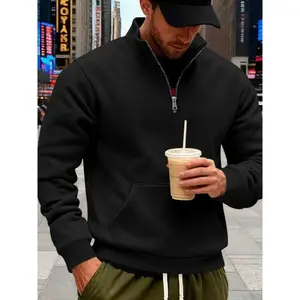 Men's Half-Zip Stand Collar Kangaroo Pocket Sweatshirt, Fleece Lined Warm Pullover, Casual Sports Outdoor Jacket for Daily Wear & Sport