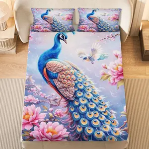 3Pcs Peacock Floral Nature Fitted Sheet Three Piece Set (1*Fitted Sheet+2*Pillowcases, Coreless), Home Decor theme, Elegant Bedding Set, Mattress protector Soft, Breathable
