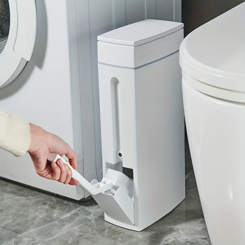 Space-saving ultra-thin corner trash can, Waste bin with toilet brush and holder, compact rectangular bathroom trash can with durable plastic design, no power required, compatible with toilet paper holders, Bathroom Organizer Supplies, Bathroom Gadgets