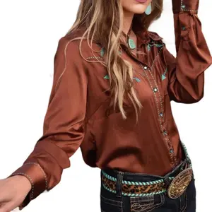 Western cowboy exotic style brown long sleeve shirt