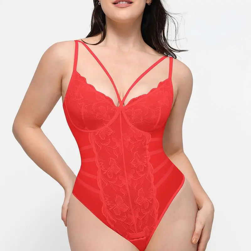 FeelinGirl  Shapewear Bodysuits for Women V Neck Tummy Control Blackless Body Suits Thong Breathable Comfort Fabric Lace