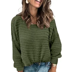 Dokotoo Womens Ribbed Knit Textured Drop Shoulder Long Sleeve Crew Neck Pullover Sweaters