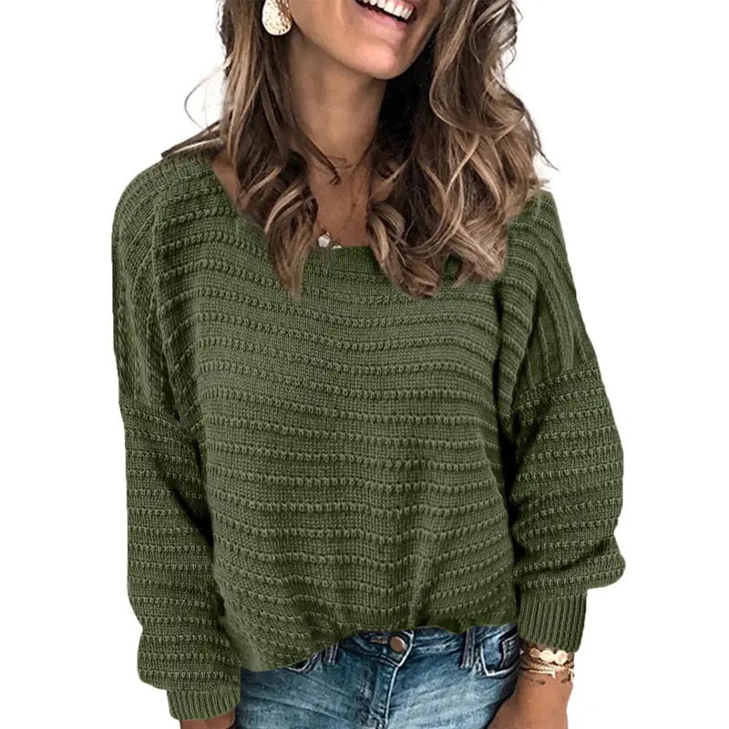 Dokotoo Womens Ribbed Knit Textured Drop Shoulder Long Sleeve Crew Neck Pullover Sweaters