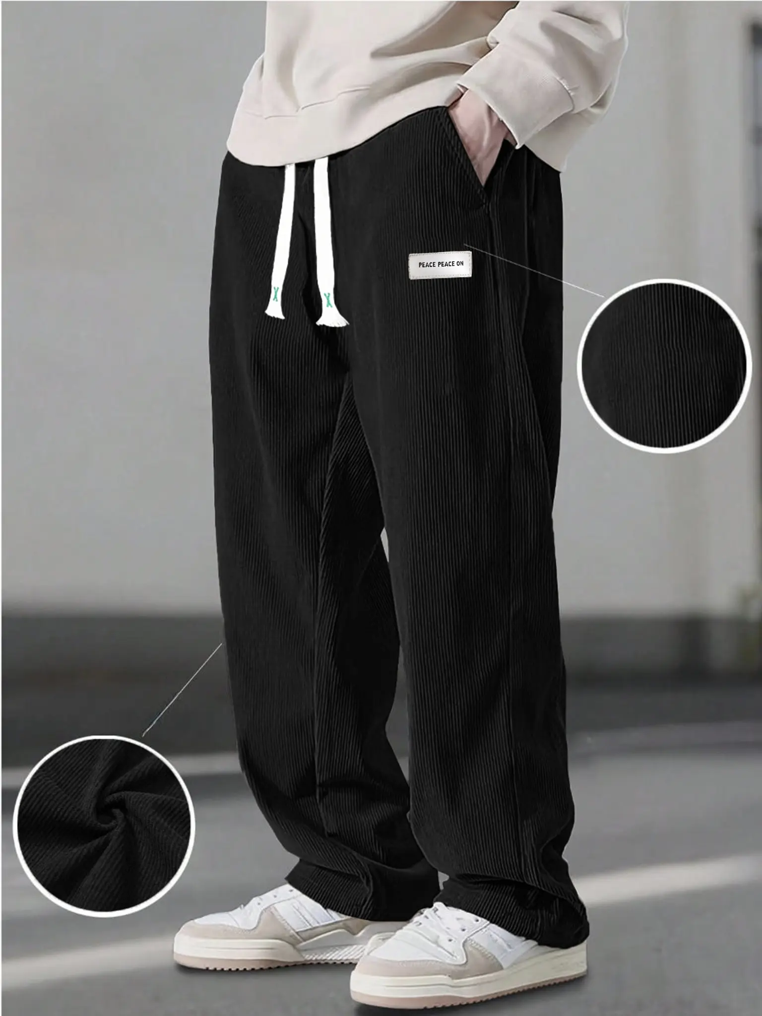 Men's Corduroy Pants, Elastic Waist Drawstring Loose Fit Trousers with Pockets, Casual Streetwear, Soft & Comfy, Perfect for Daily Wear