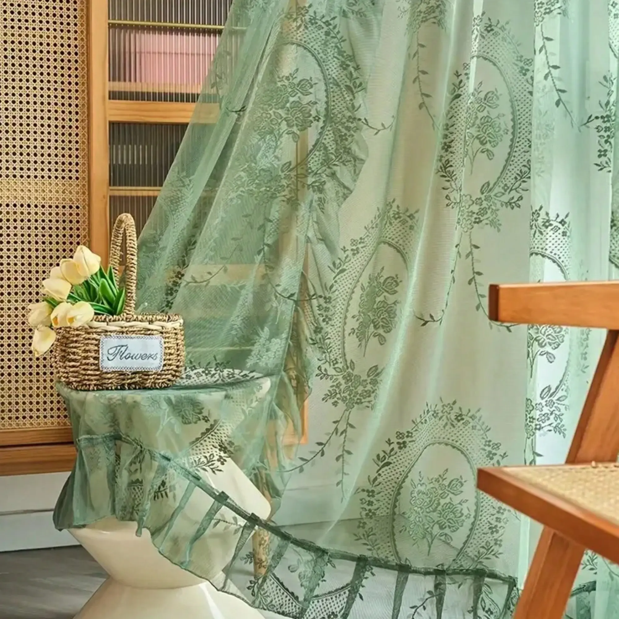 Room Decor Vintage Floral Embroidery Curtain Blinds, Net Curtains, 1 Count Semi-transparent Window Curtain with Ruffles, Attached Valances, Bedroom Curtains Arch, Window Drapes for Home Decor