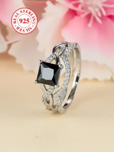 S925 Sterling Silver Square Shaped Artificial Zircon Decorated Ring Set, 2 Counts Stackable Rings for Women, Geometric Design Ring, Elegant Jewelry for Party, Daily Decor, Exquisite Jewelry for Birthday Gift, Statement Rings