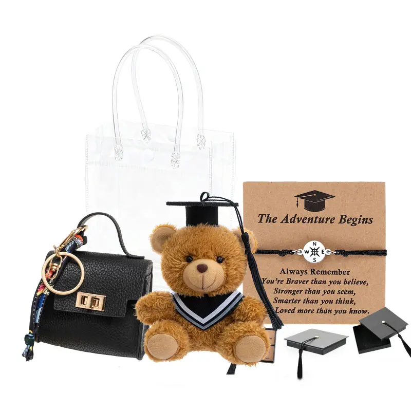 3-Piece Graduation Gift Set - Cute Bear Plush + Mini Earbud Pouch & Memorial Adjustable Graduation Bracelet Gift for Her or Him, Class of Keepsake for High School & College Grads