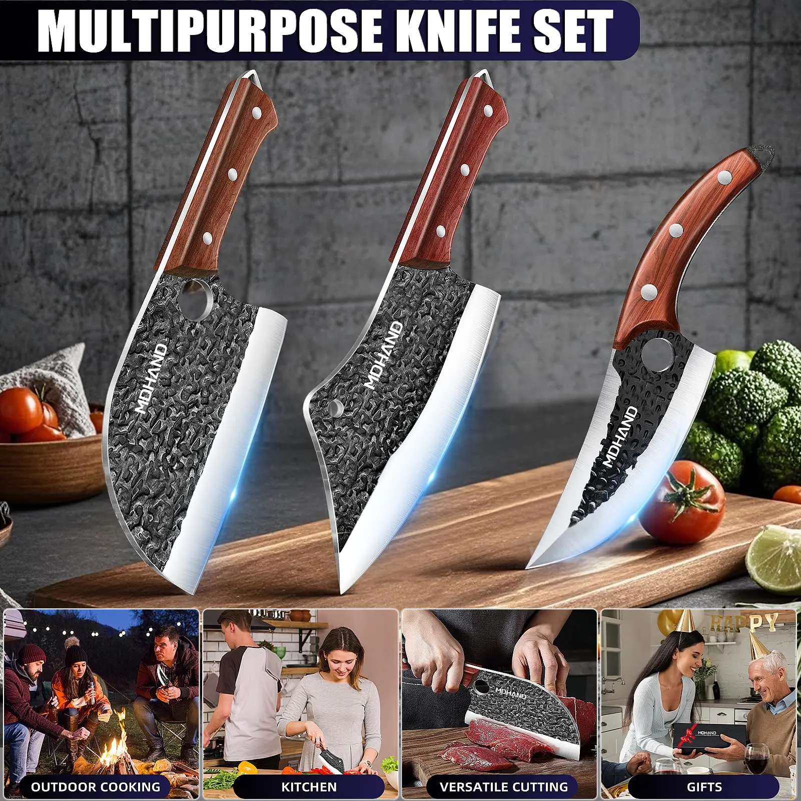 【Summerfind】MDHAND 4-Piece Hand-Forged Serbian Kitchenware Set - Stainless Steel Cleaver, Boning, Viking Tools with Sheaths, Sharpening Steel, Gift Box for Home Meat Prep, Outdoor BBQ