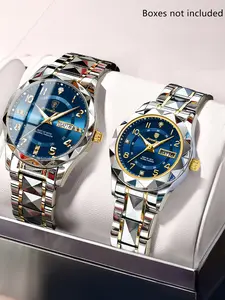 POEDAGAR luxury fashion couple watch trend casual couple quartz stainless steel watch waterproof night light dating week couple watch lights up every date he and she Luminous Fashionable Watch Quartz Wristwatch Trendy Wristwatch