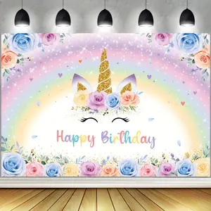 1pc Unicorn Birthday Backdrop, Vinyl Rainbow & Glitter Watercolor Flowers, Universal Holiday Party Banner, Cake Table Decor, Multipurpose Room & Garden Photography Background, No Electricity Needed White