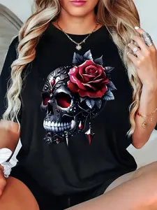 Plus Size Women'S Skull And Rose Graphic T-Shirt - Casual Loose Fit, Short Sleeves, Round Neck, Stretchy Material, Black with Red Rose And Skull Design, Summer Fashion Top, Everyday Wear |   Gothic Style Top |   Comfortable Fit