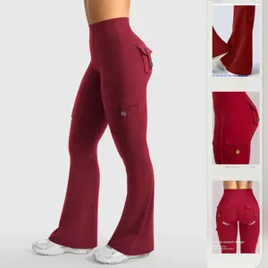High Waist Scrunch Workout Leggings with Pockets Flare Leg Yoga Pants for Women Hidden Pocket No Front Seam Camo High-Performance CoreFlex Fitness Tights Burgundy