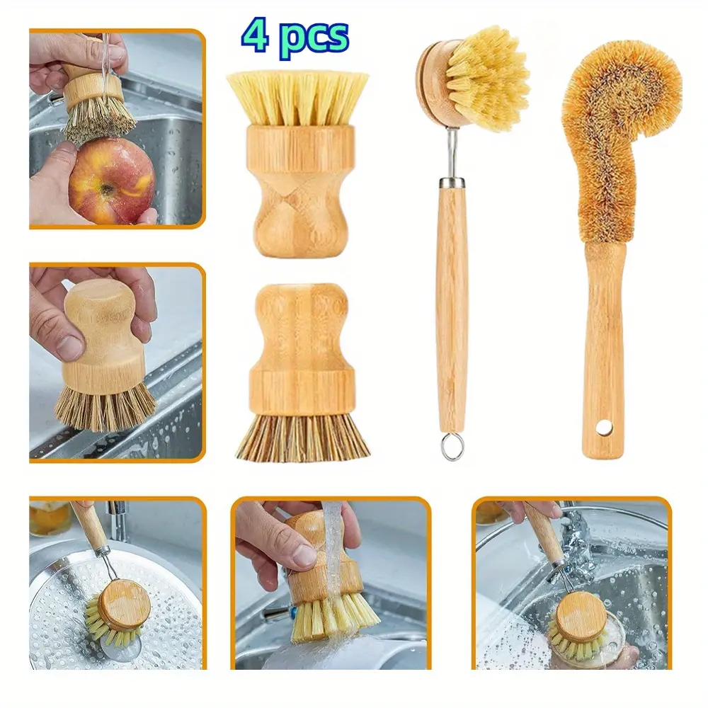 [4pcs Upgraded Strong Bamboo-Stainless Steel Multifunctional Kitchen Cleaning Brushes] - Natural Firm Bristles Dishwashing Scrubbers for Pots, Pans, Durable Time-Saving Utensils, Ideal Gift for Kitchens/Bathrooms