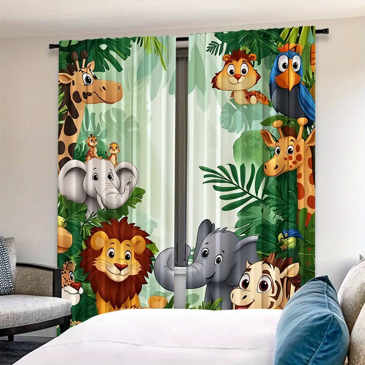 Cartoon Jungle Animal Print Window Curtain Set, 2-Piece Natural Style, Perfect for Kids Room Decor, Fun and Playful Design, Window Drapes, Curtain for Windows