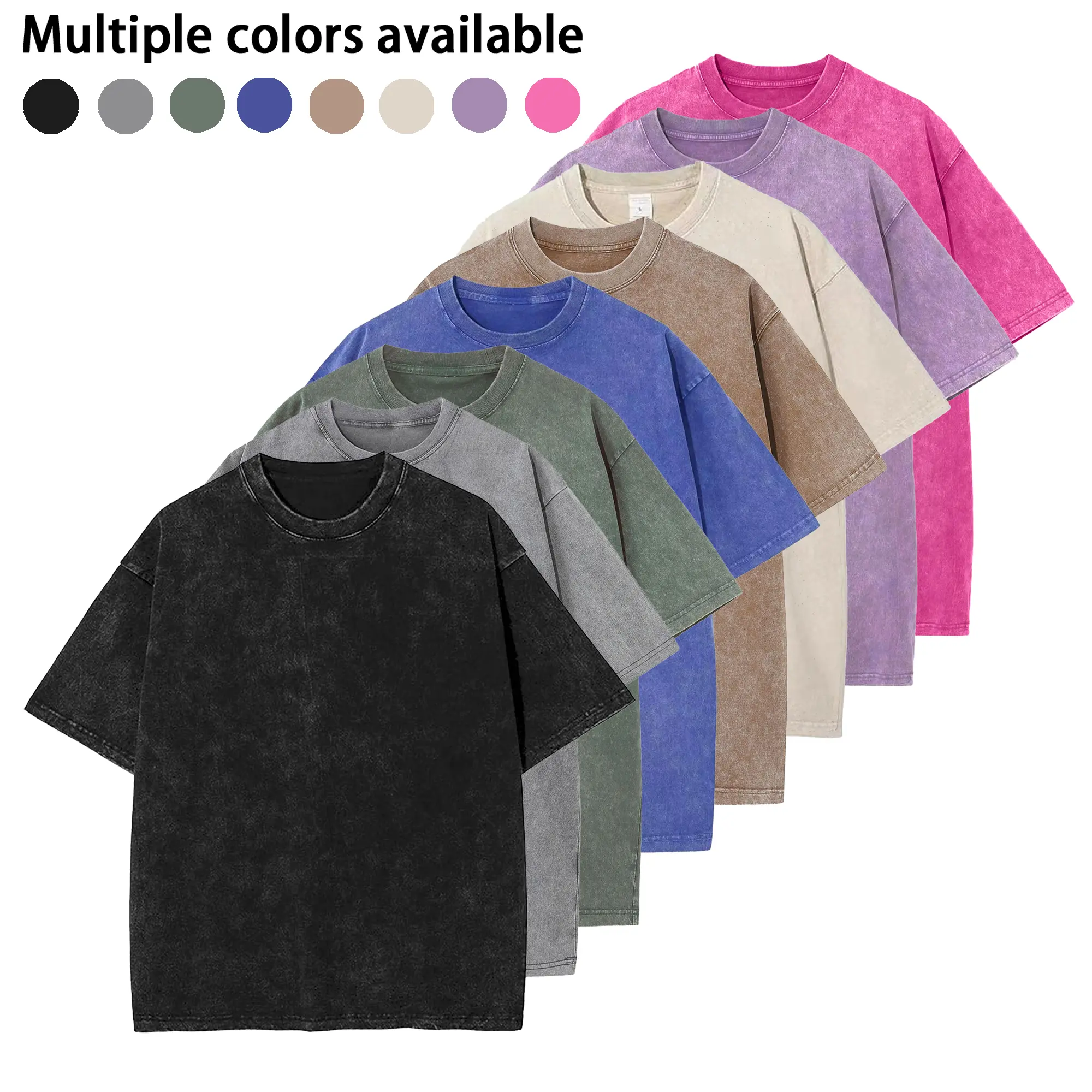 Men’s oversized fitness retro heavyweight pure cotton loose T-shirt, acid wash finish, available in eight colors, men’s top, washed fabric