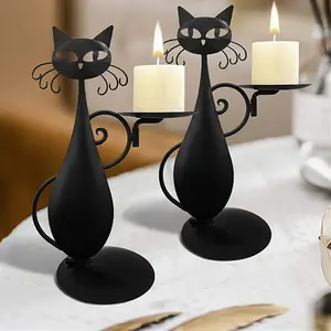 1pc Black Cat Metal Candlestick Holder - Retro Farmhouse Decor with Intricate Cat Silhouette Design, Rustic Iron Indoor Tabletop Decoration for Home, Office, or Holiday Decor, Decorative Candlestick | Baked Finish, Candle Holder Decor, Candle Stand