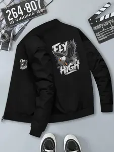 Men's Fitted Zipper Jacket with Eagle Print Stand Collar, Ribbed Cuffs, Polyester, Casual Streetwear for Fall & Winter, Casual Outerwear, Casual Fitted Jackets
