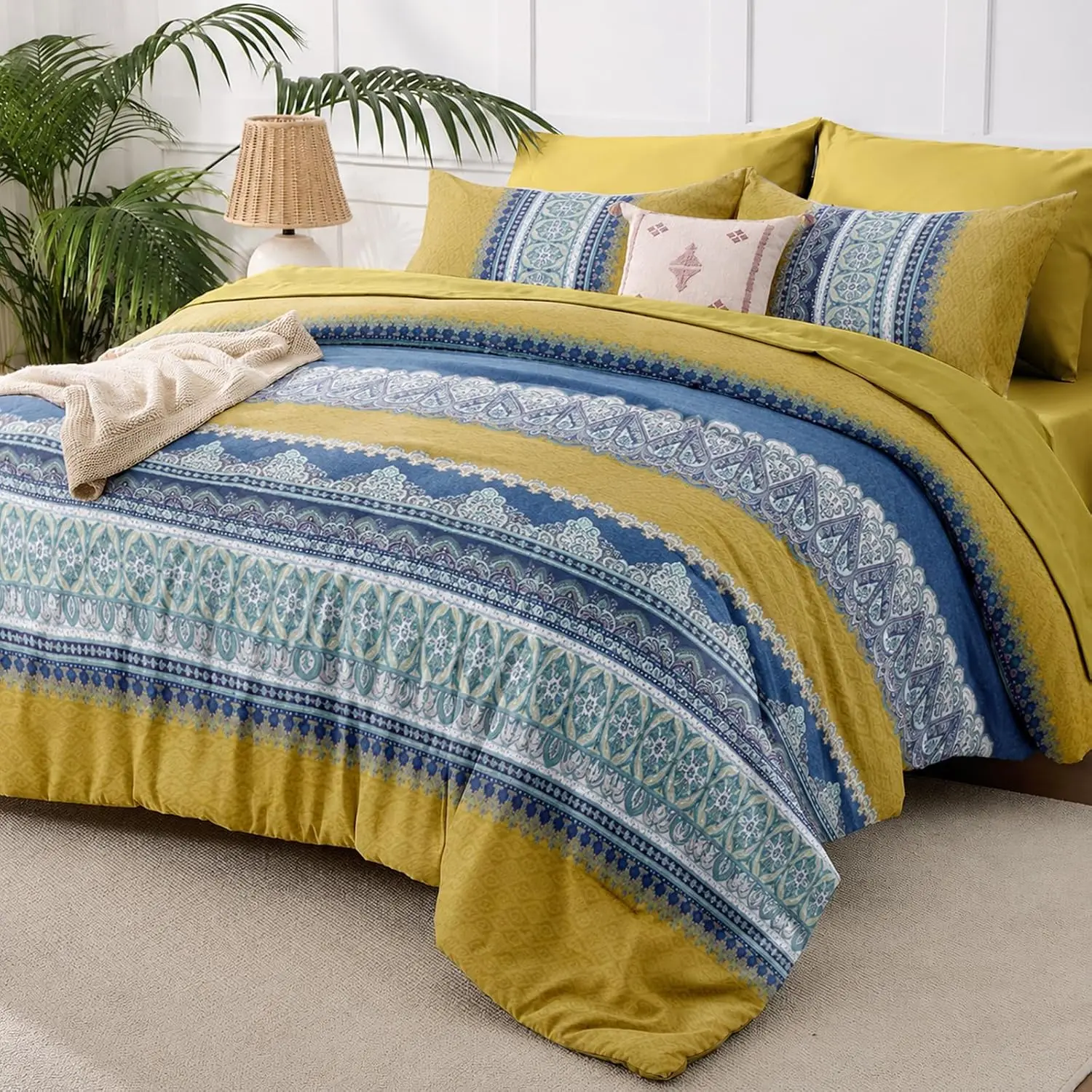 JOLLYVOGUE Queen 7-Piece Comforter Set, Boho Print Bed in a Bag, Reversible Mustard Yellow Printed Bedding Set - OEKO Certified Double Brushed Ultra-Soft Microfiber Down-Alternative All-Season, for Room Decor & House Decor with Artistic Look
