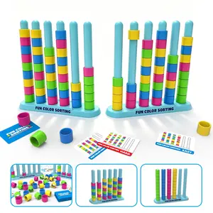 Color Sorting Stack Puzzle Game for Kids & Family, Ring Matching Brain Teaser, Fast Reflex Strategy Game for 2 Players, Includes Challenge Cards