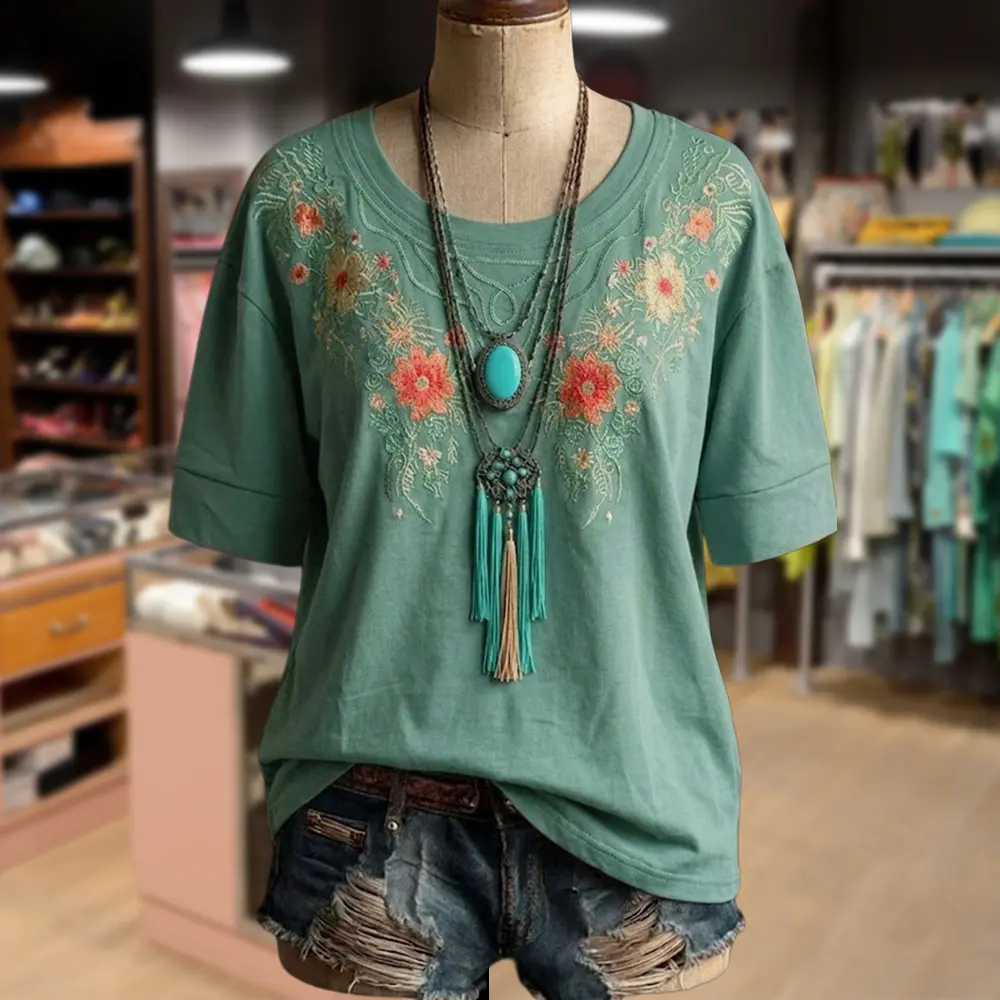 Cherrybetty 100%Cotton Retro Flower Embroidered Short Sleeve T-Shirt Womenswear Spring Fashion Top Oversized Tshirt Women T Shirts For Women Tiktok Shop Spring Glow Up