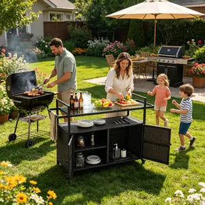 Outdoor Wicker Bar Cart, Black Rolling Rattan Beverage Serving Cart with Glass Top and Flexible Wheels, Portable Wine Bar Counter Table Ideal for Porch, Backyard, Garden and Poolside Party Use