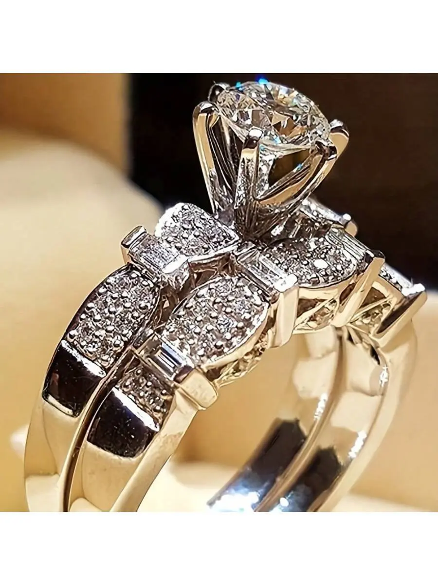 2-Piece Round Cut White Wedding Ring Set – Women's Engagement & Party Stackable Rings
