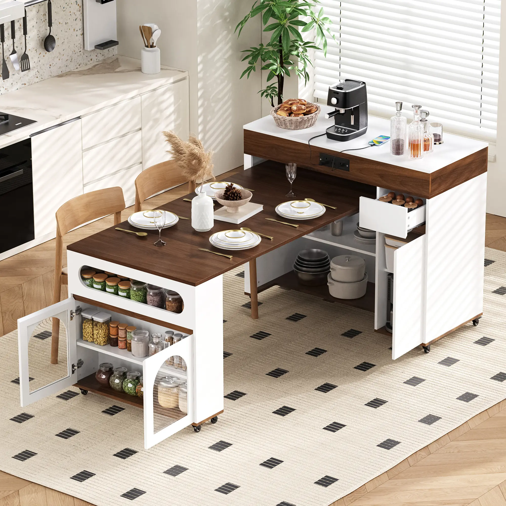 Extendable Dining Table with Extra-Long Folding Top, Rolling Kitchen Island with Drawers, Power Outlet and Brake Lock, Storage Cabinet for Kitchen and Dining Room, Walnut Creamy White, Living Room Table for Sofa Side, Bedroom, Office