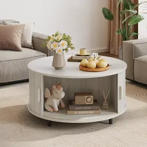 ONBRILL Round Coffee Table with Storage 31.5" Modern Design 360° Curved Sliding Door Fluted Wood Finish Adjustable Footpads Ideal for Living Room