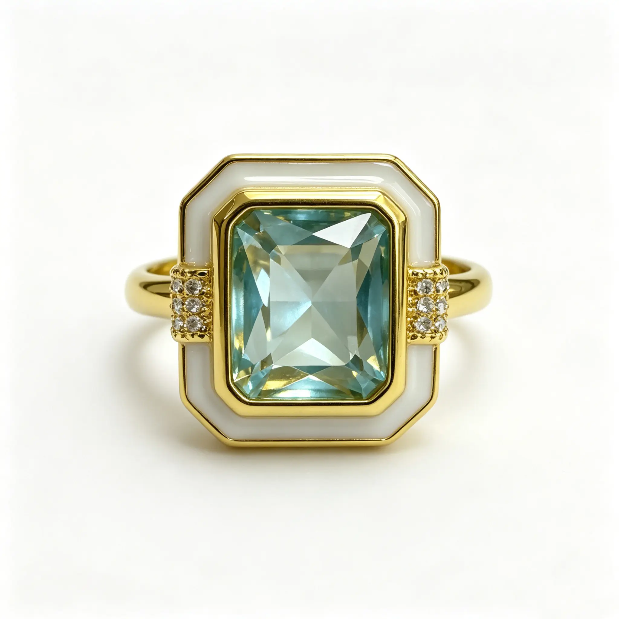 A vintage-inspired, affordable luxury style reminiscent of court jewelry, featuring large princess-cut light aqua synthetic zirconia stones set within a creamy white enamel frame—a stylish, everyday accessory at an affordable price.