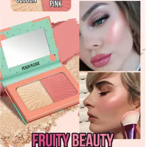 Misslyn Fruity Beauty Strobing Highlighter & Blush Duo Set, Golden+Peachy, Blushlighter, Powder Blush & Illuminator Highlighter, Soft Powder, Easily Blended, Pigmented Soft Powdery Texture, With Mirror, Long-Lasting, Lightweight, Smooth, Blendable