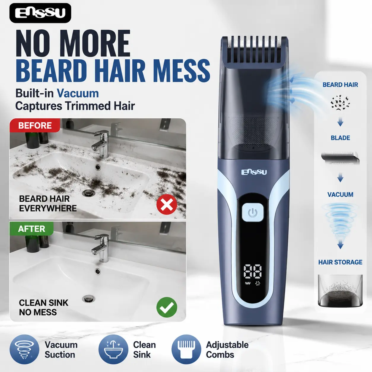 ENSSU Vacuum Men's Beard Trimmer & Professional Body Groomer • Auto Hair Suction | LED Power Display | USB Charging • For Beard, Chest & Full Body Hair - Skin-Friendly Design • Includes 2 Guard Combs