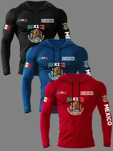 Men's 3-Piece Knit Eagle Flag Graphic Letter Print Hooded Long Sleeve T-Shirt Set, Spring & Fall Outdoor Classic Casual, Fitted Pullover