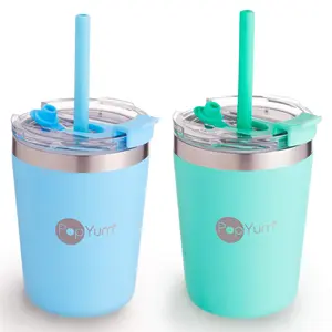 PopYum 9oz Insulated Stainless Steel Kids’ Cups, 2-Pack, Blue, Green, Drinkware Flasks Tumber Bottle Portable with Straw