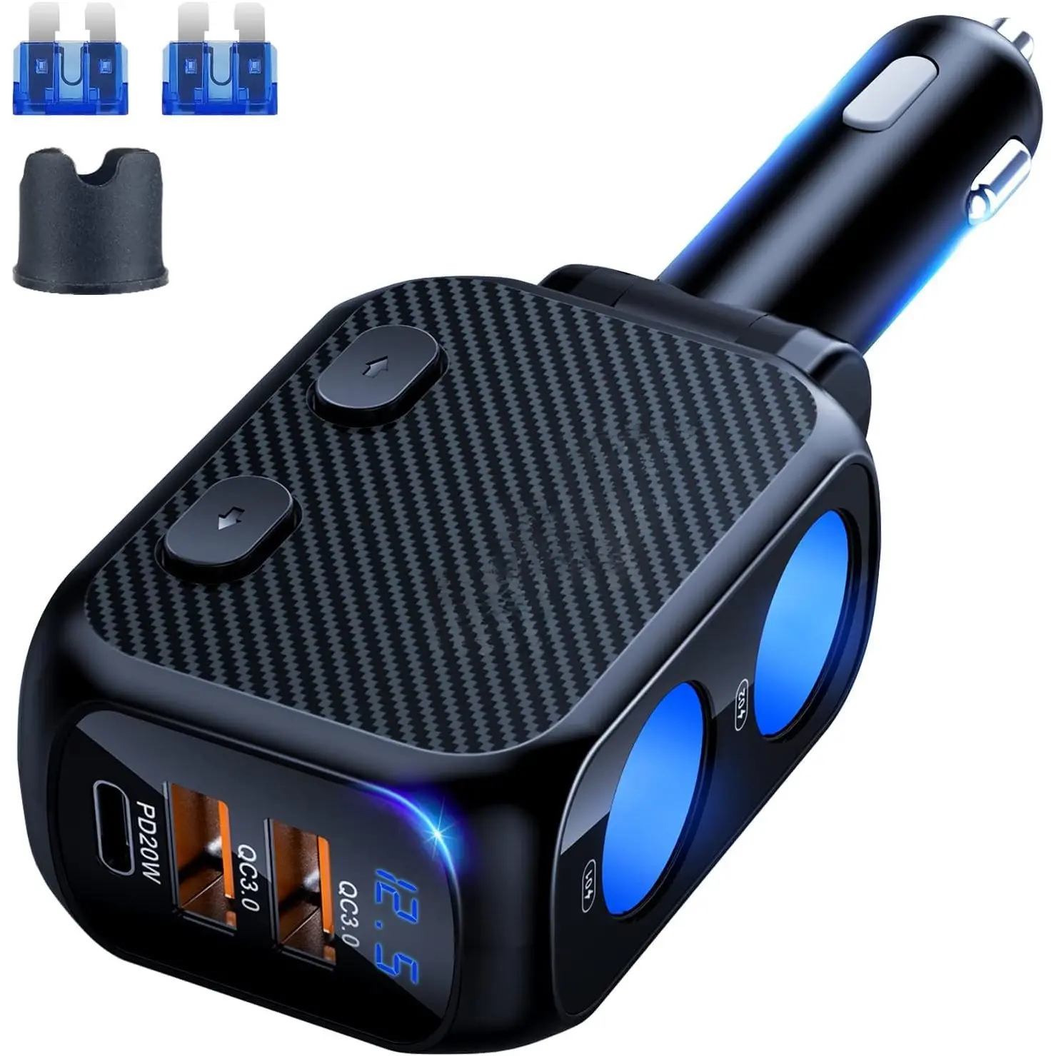 180W Cigarette Socket Lighter Splitter with 20W PD, 2-Socket Lighter Adapter, Fast USB C Car Charger with Type-C 20W PD & QC 3.0 for Dash Cam, GPS, iPad/Laptop/iPhone 17/16/15/14/Samsung