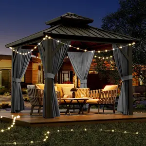 10x10ft Gazebo, Hardtop Double Roof Canopy with Netting and Curtains, Outdoor Gazebo Galvanized Iron Aluminum Frame Garden Tent for Patio, Backyard, Deck, Lawns (Gray)