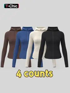 Women's Solid Color Thumb Hole Design Long Sleeve Zip Up Raglan Sleeve Pocket Hooded Sports Jacket, High Elasticity Jacket, Sporty, Comfortable, Breathable, for Indoor Outdoor Wear