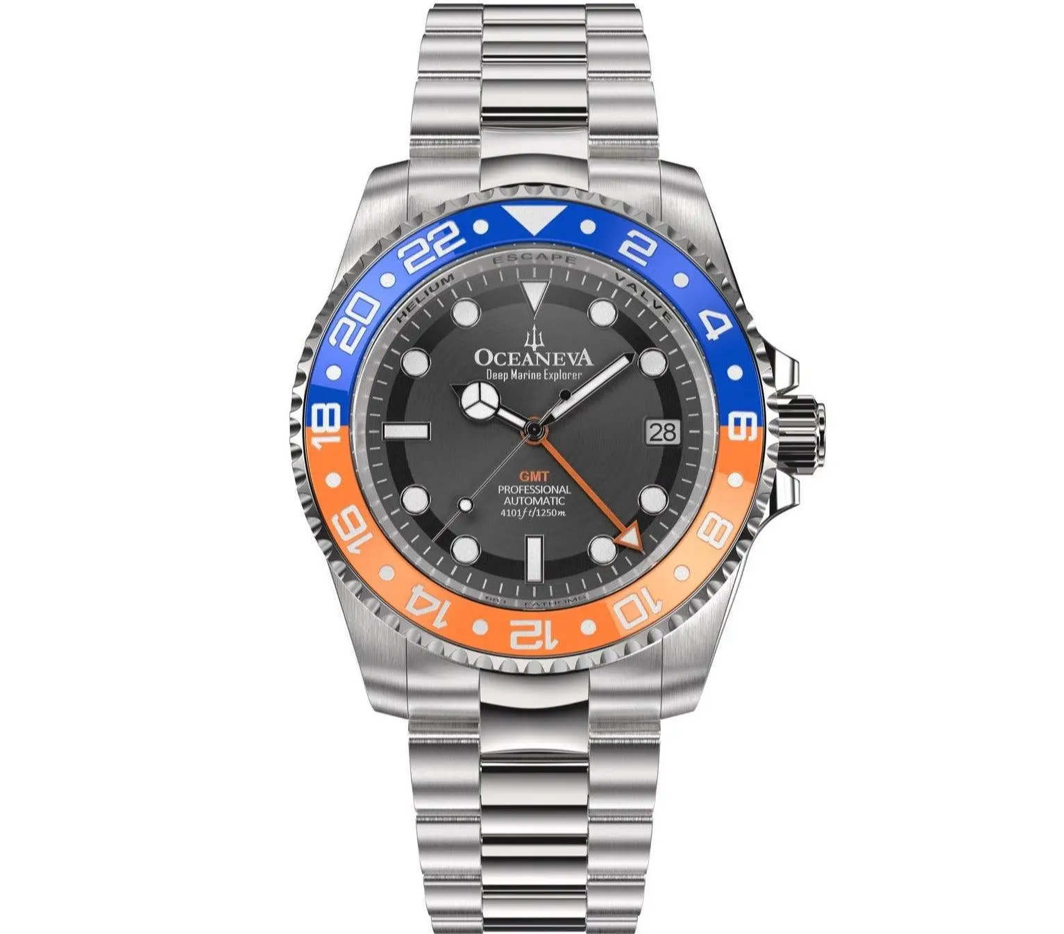 Oceaneva Men's GMT Automatic Deep Marine Explorer 1250M Pro Diver Watch with Blue/Orange Ceramic Bezel & Sapphire Crystal for Ultimate Precision and Luxury