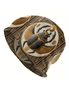 Egyptian Totem Knit Beanie: Fashionable Men's Headwear with Polyester and Elastane Blend