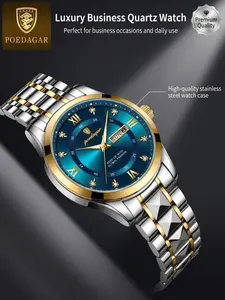 Luxury Men's Watch, 30m Waterproof, Rhinestone Roman Numerals, Night Glow Hands, Dual Calendar, Stainless Steel Band, Quartz Movement, Quartz Analog Wristwatch, Quartz Watches
